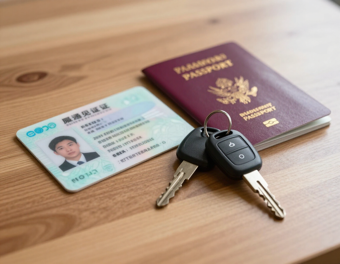 Pasaporte, documento de identidad y llaves del coche sobre una mesa de madera.