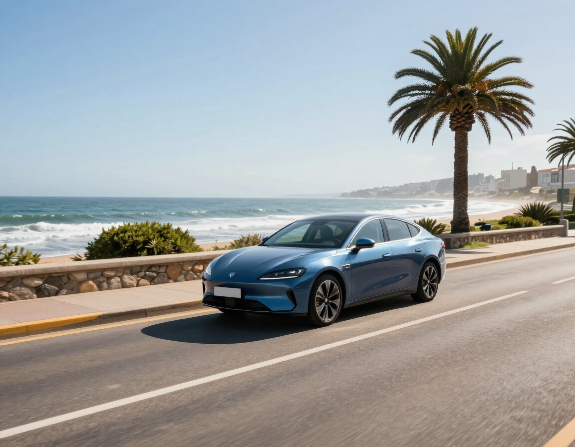 Coche eléctrico azul circulando por una carretera costera con palmeras y vistas al océano.
