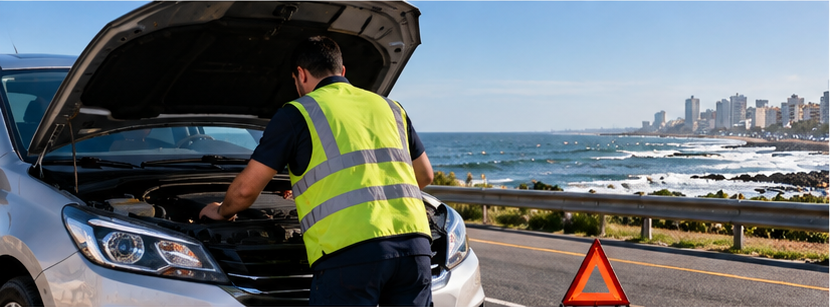 Una persona se inclina hacia el maletero de un coche junto a la costa, con el océano y la hierba al fondo.