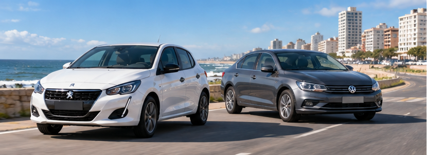 Dos coches aparcados en un paseo marítimo con la playa y los edificios de la ciudad al fondo.