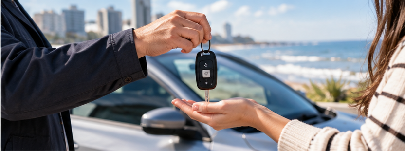 Una persona entrega las llaves del coche a otra persona junto a un coche aparcado cerca del paseo marítimo.