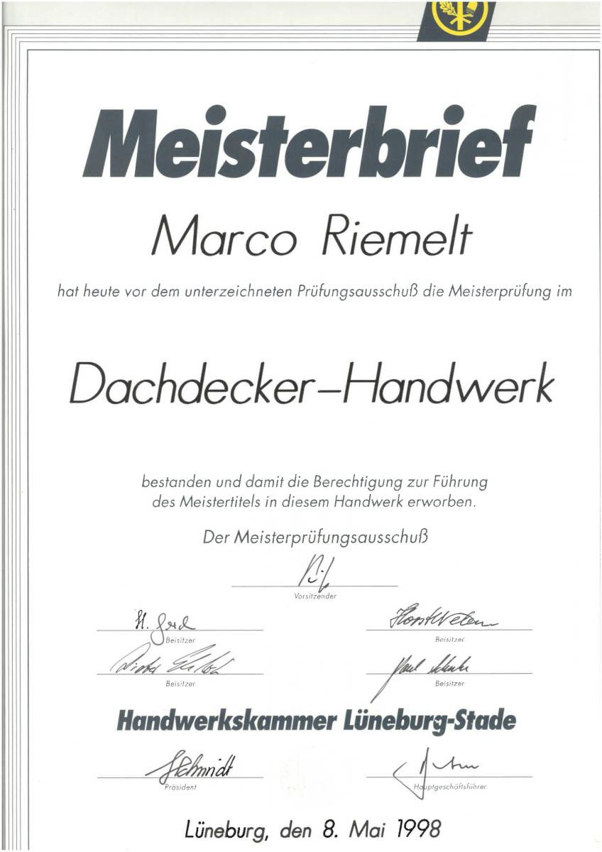 Meisterbrief Marco Riemelt Dachdecker