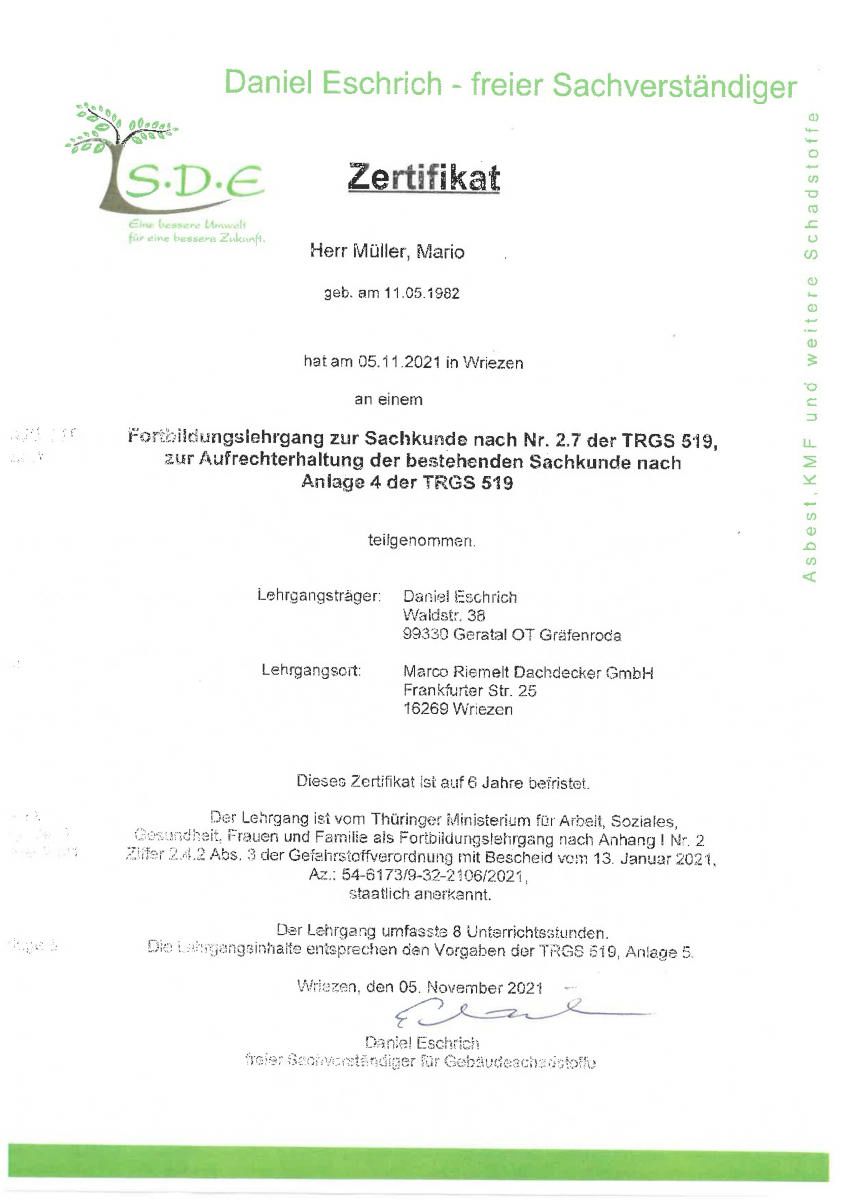 Zertifikat Mario Müller