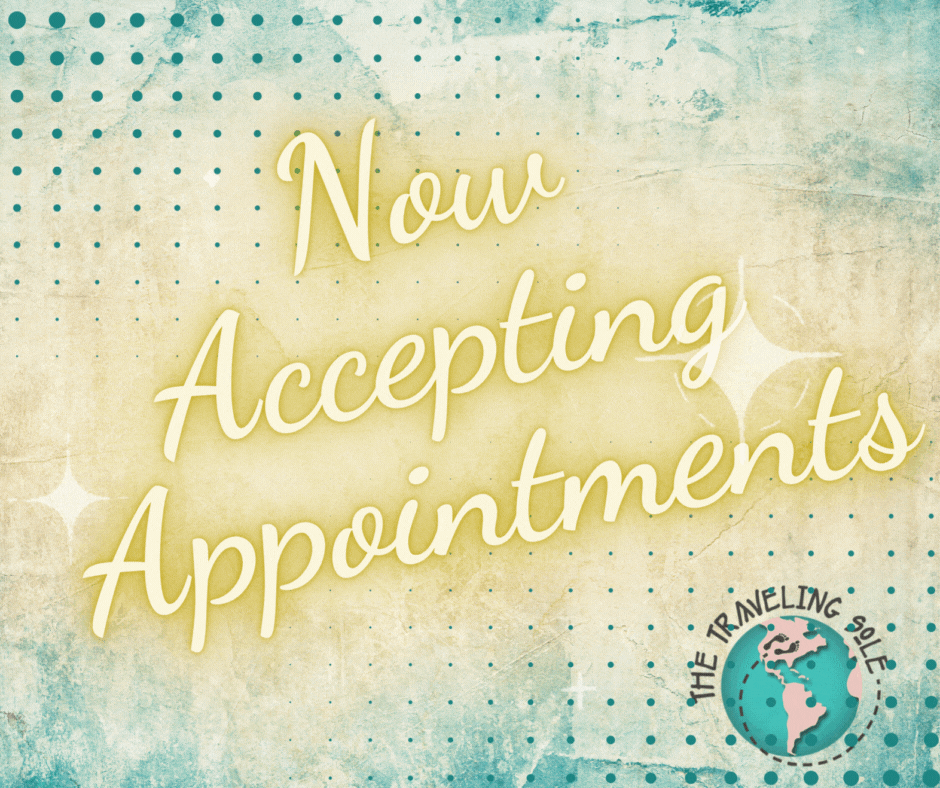 The Traveling Sole announcement graphic with 'Coming Soon' text, promoting upcoming massage services in Omak, WA.