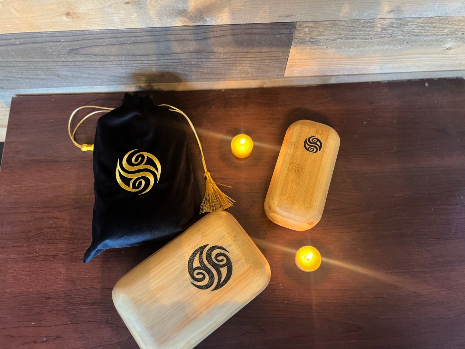 Block Therapy wooden blocks and logo bag used for fascia decompression and healing practice
