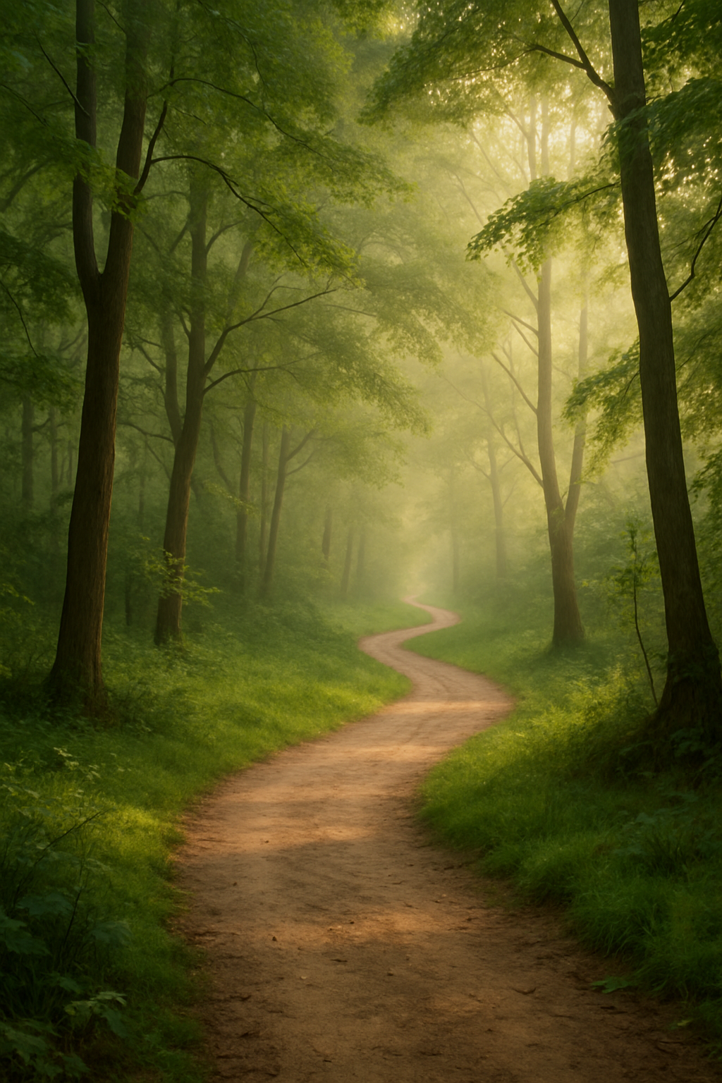 A forest path through green trees, symbolizing the journey of healing through massage and bodywork.