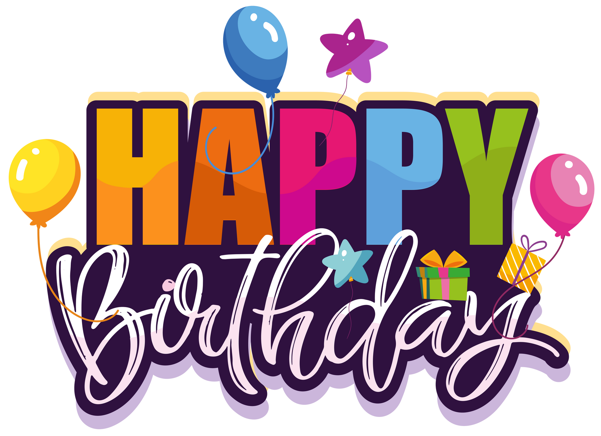 A happy birthday sign with balloons and flags