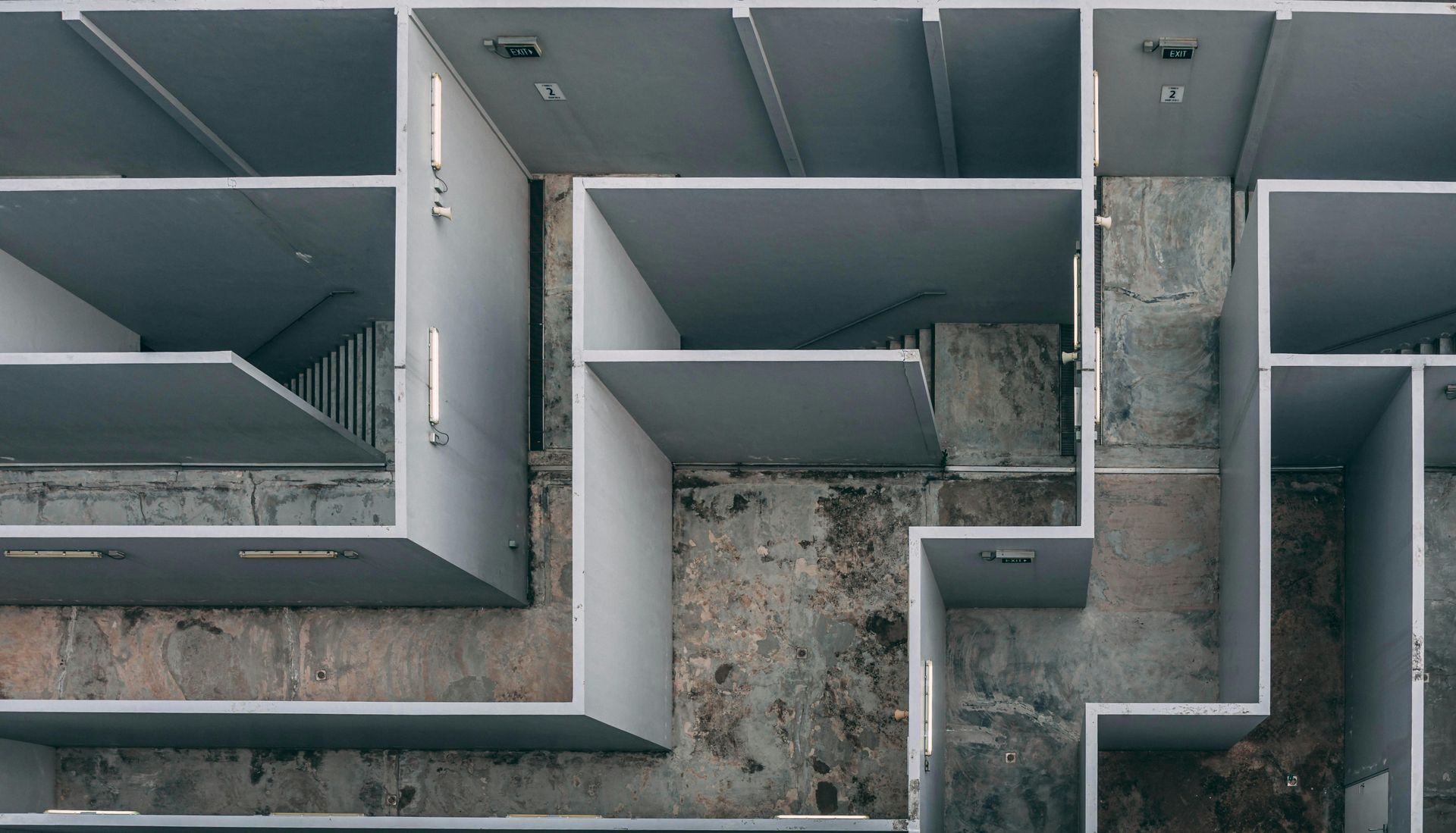 An aerial view of a maze in a building.