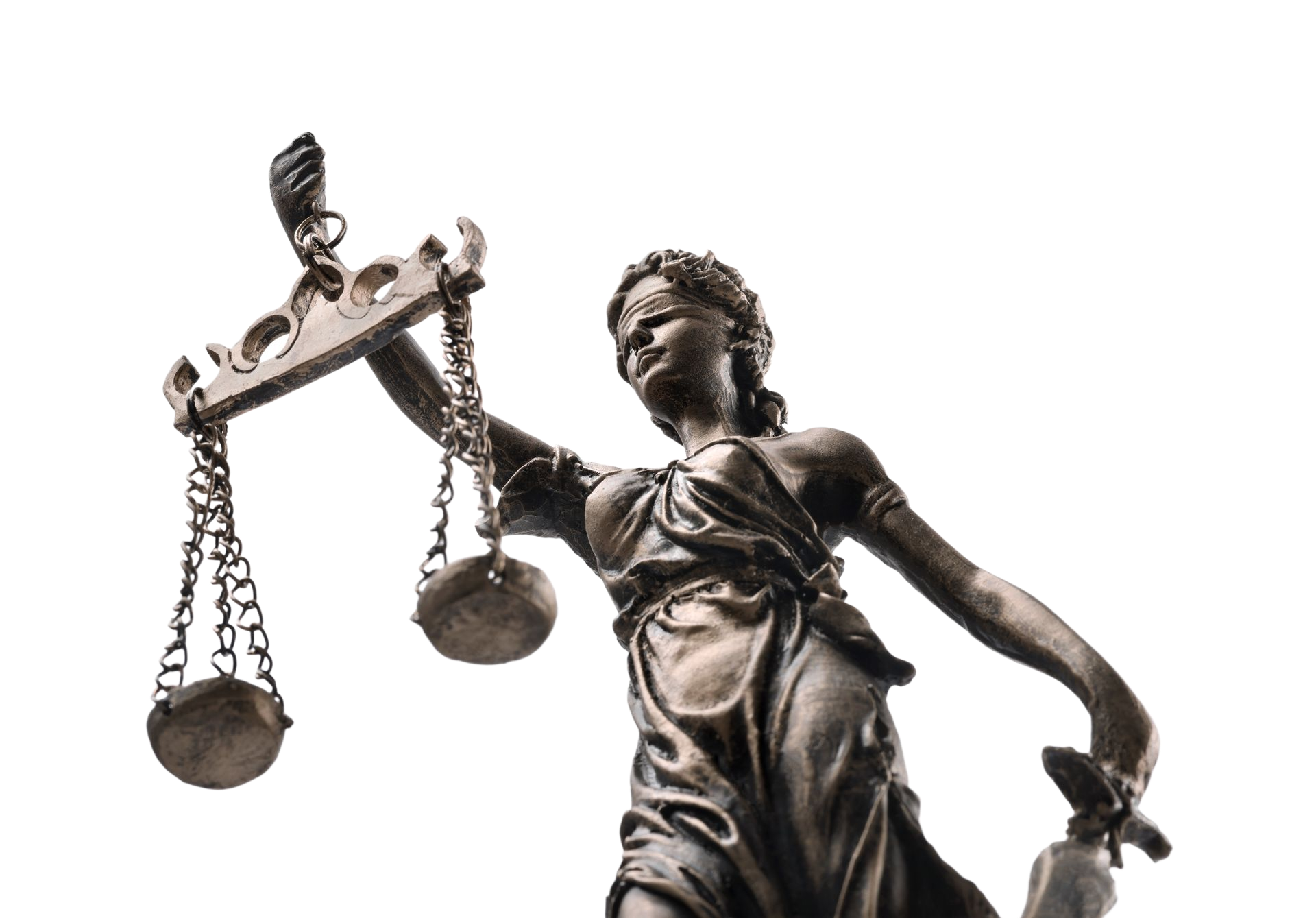 Statue of Lady Justice holding scales, viewed from below on a white background