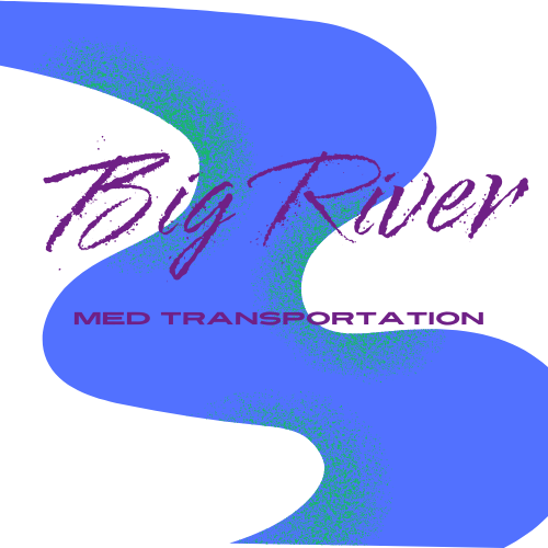 A blue and white logo for big river med transportation