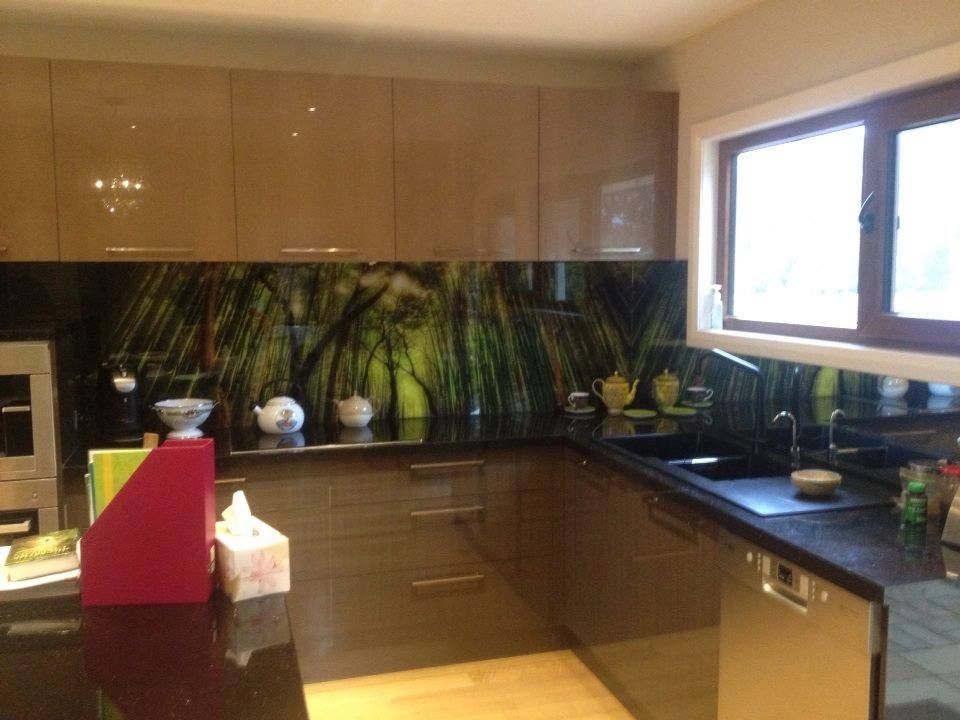 Kitchen with glossy brown cabinets, black countertops, and a green and yellow glass backsplash.