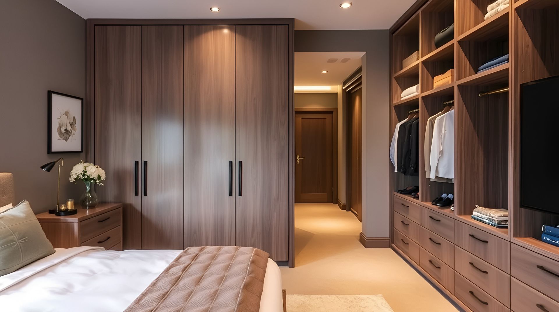 Bedroom with built-in wooden closet, drawers, and shelving. A bed is in the foreground, and a doorway leads to another room.
