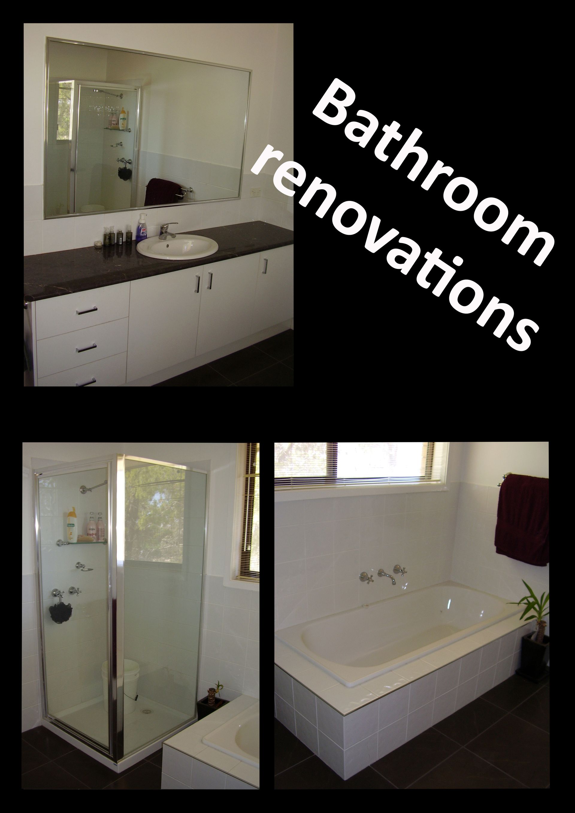 Bathroom renovations; three views of a bathroom: vanity, shower, and bathtub.