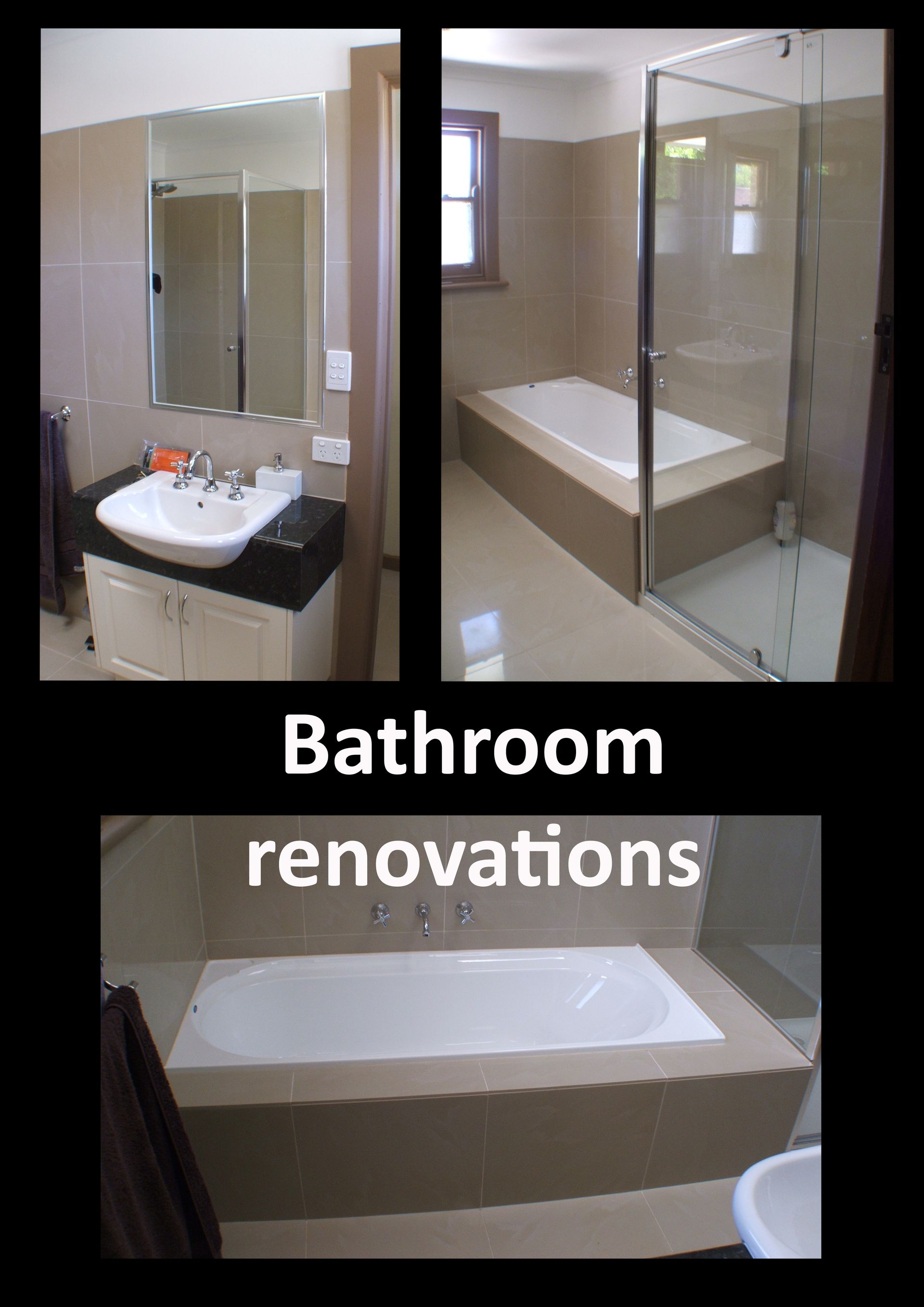 Bathroom renovations: Three photos show a bathroom with a sink, shower, and bathtub.