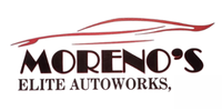 Moreno’s Elite Autoworks logo in black and red text with stylized red swooshes