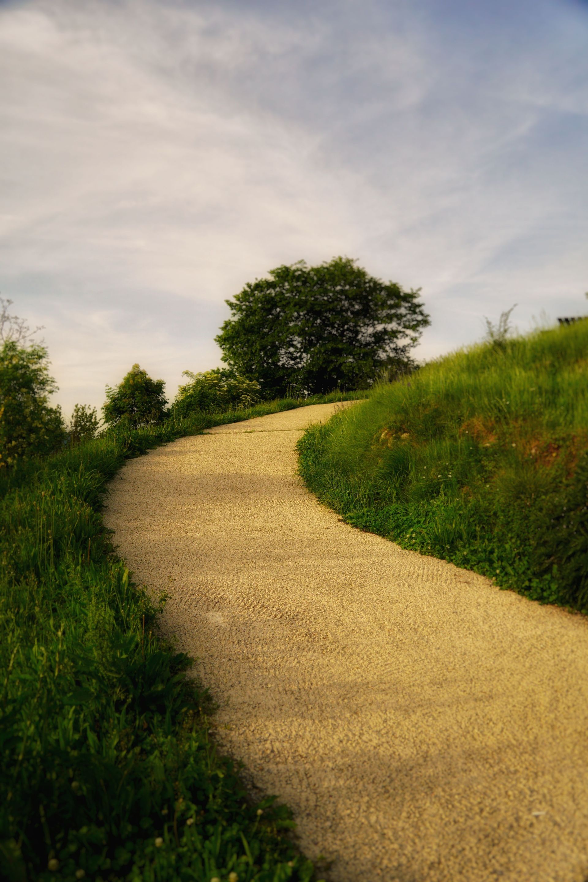 Winding tan gravel path through green grassy hills under a cloudy sky