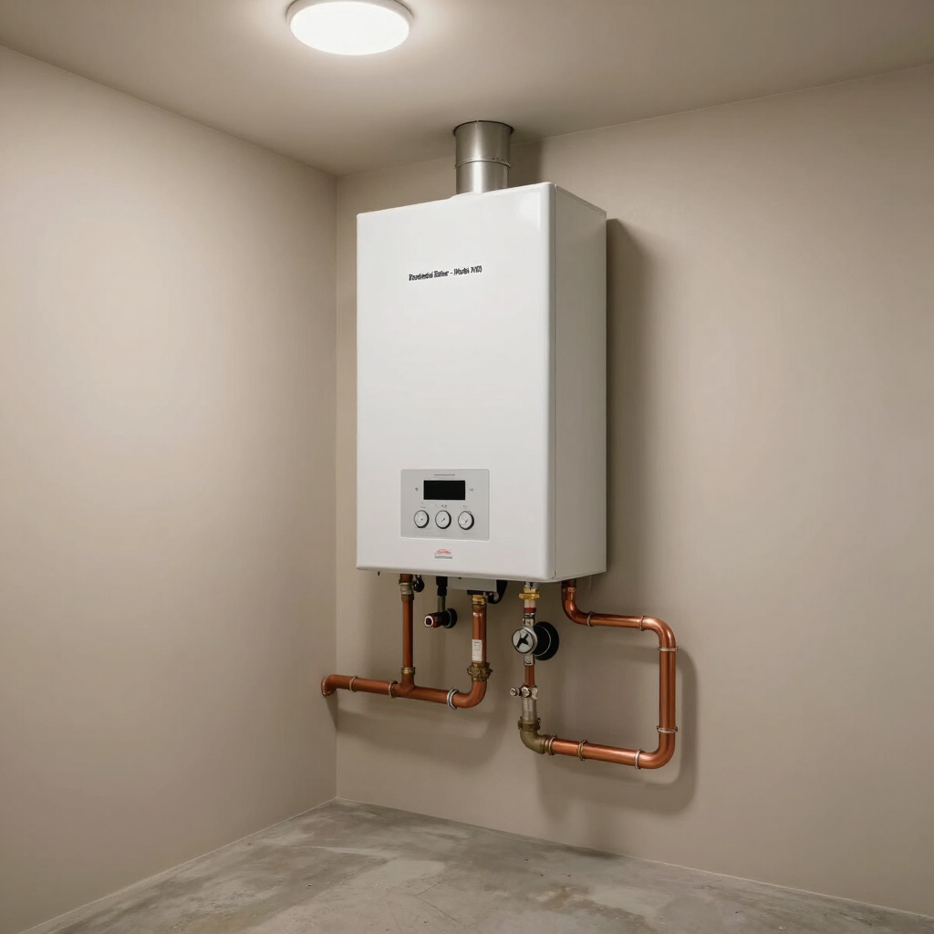 Wall-mounted white boiler with copper pipes in a small utility room.