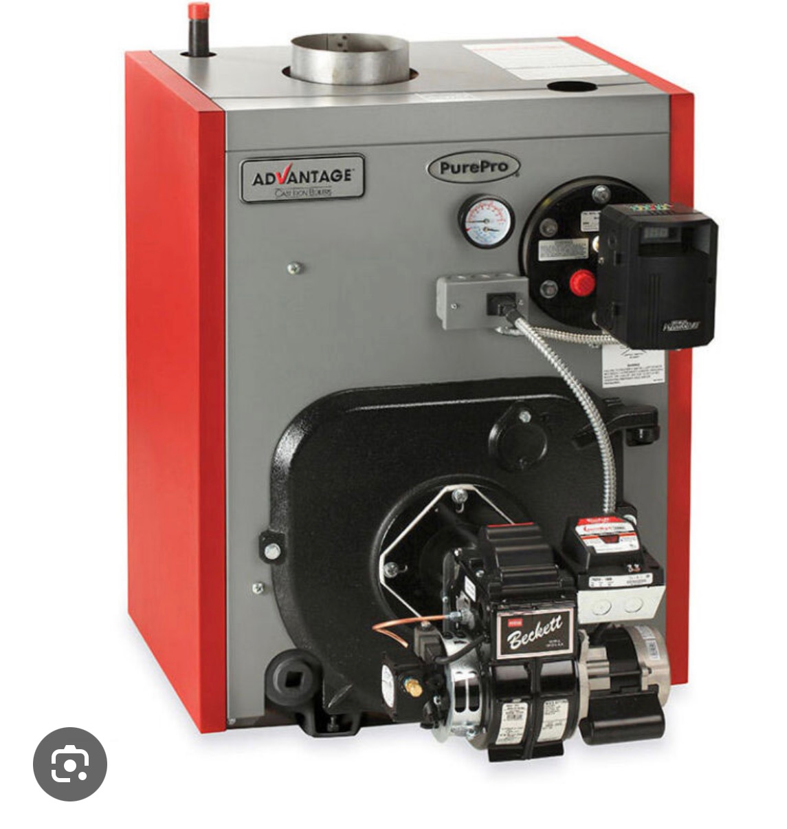 Blue Crown boiler with copper pipes, red valve, and black pump in a utility room