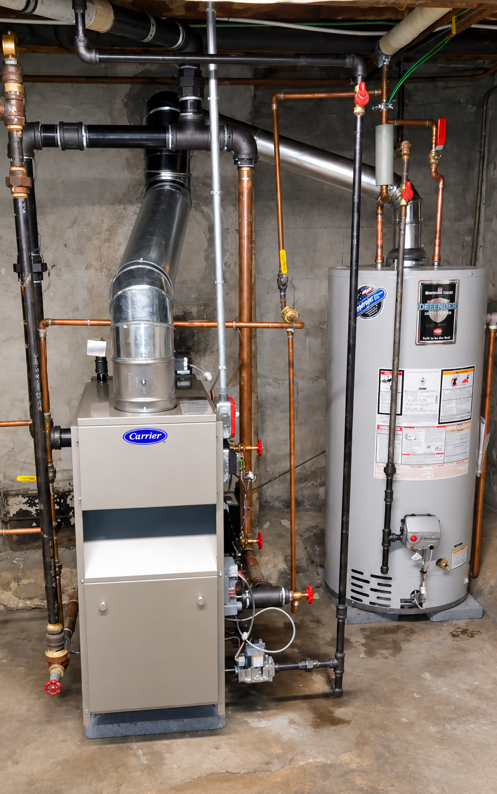 Basement HVAC setup with furnace, water heater, and exposed ductwork, pipes, and utility lines.