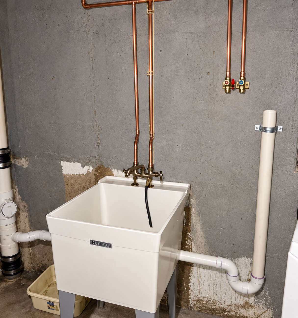 Laundry sink with exposed copper pipes and white plumbing against a gray unfinished wall