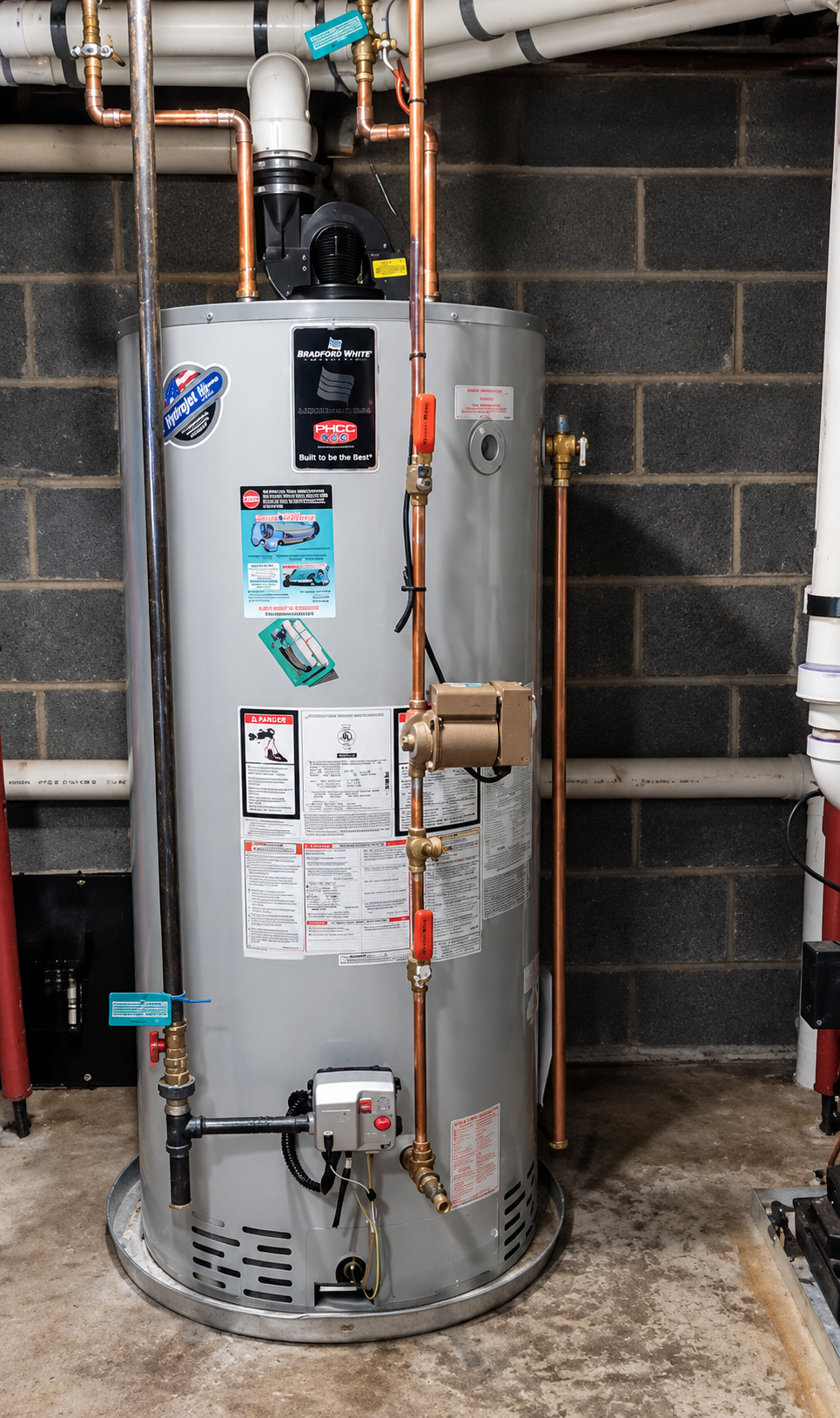 Stainless steel water heater in a basement against cinder block walls, with pipes and valves attached