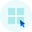 Light blue app grid icon with a dark blue cursor arrow clicking the lower-right tile