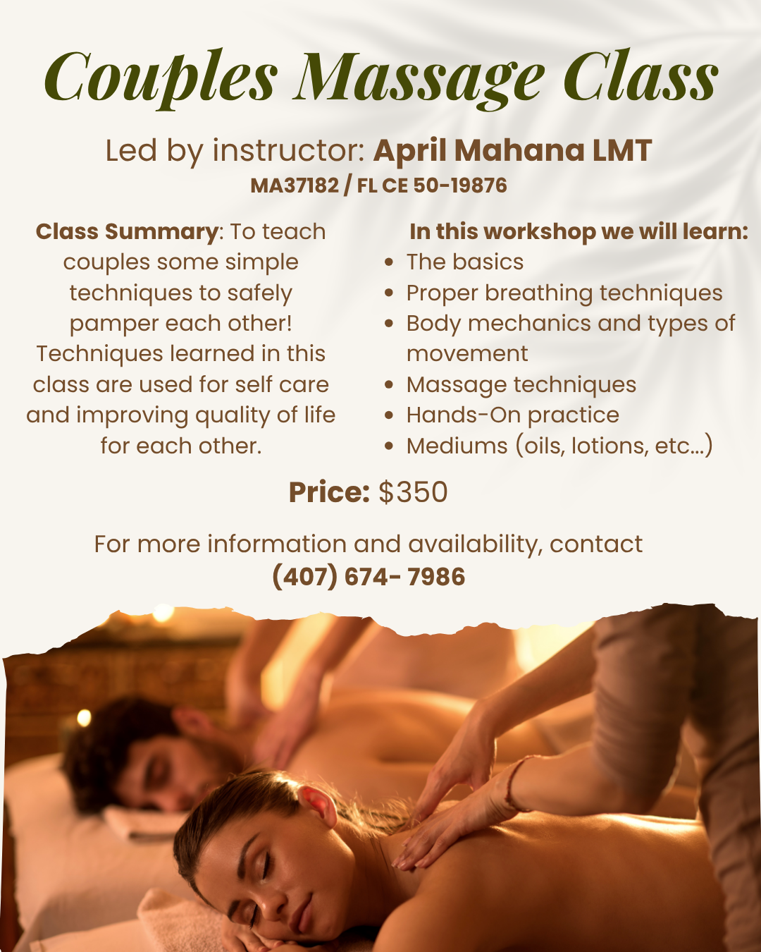 Couples massage class flyer with text, photo of two people receiving massage, and contact information.