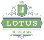 Green and gray Lotus Blossom Spa logo with ornate shield and LB monogram