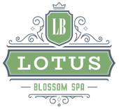 Green and gray Lotus Blossom Spa logo with ornate shield and LB monogram