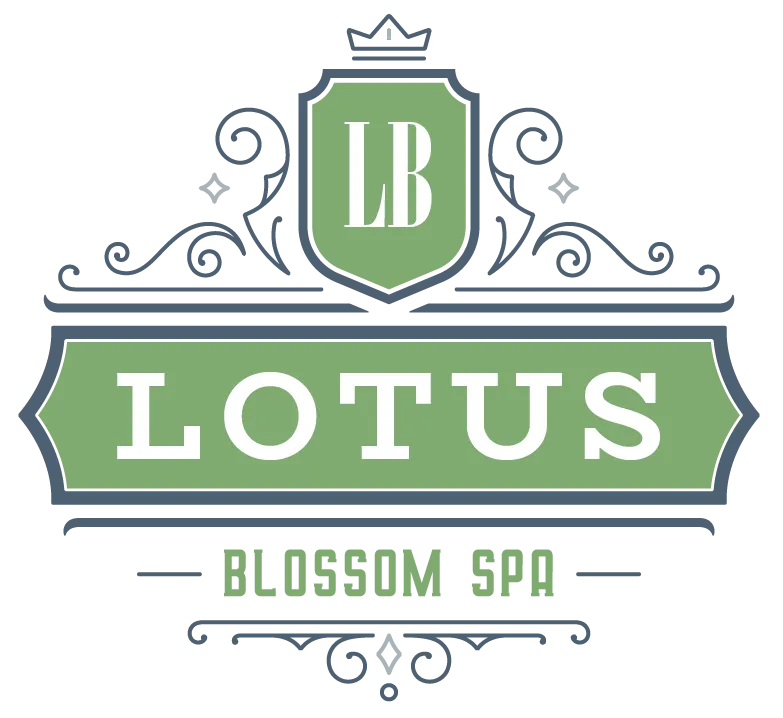 Green and gray Lotus Blossom Spa logo with ornate shield and LB monogram