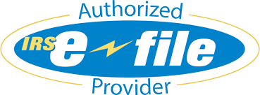 A blue and white logo for an authorized e file provider
