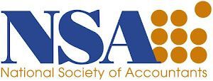 The logo for the national society of accountants is blue and orange.