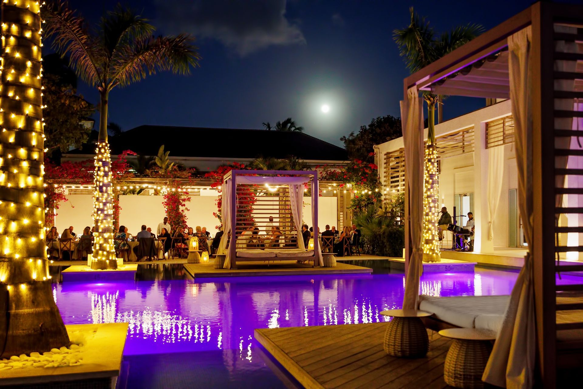 A swimming pool is lit up at night with purple lights