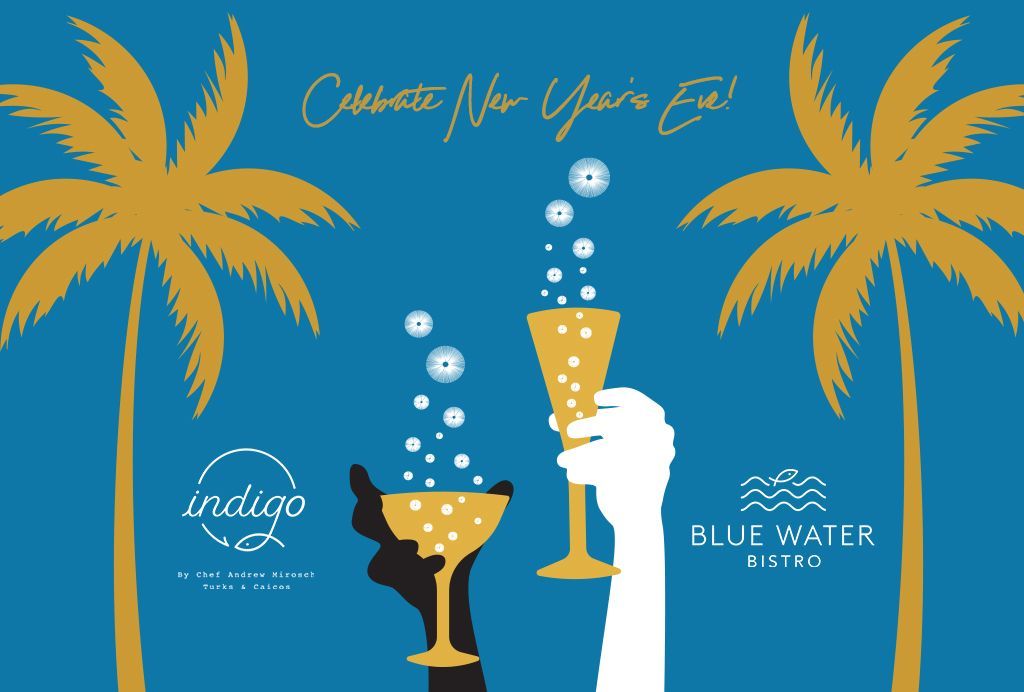 A blue background with palm trees and two hands holding champagne glasses
