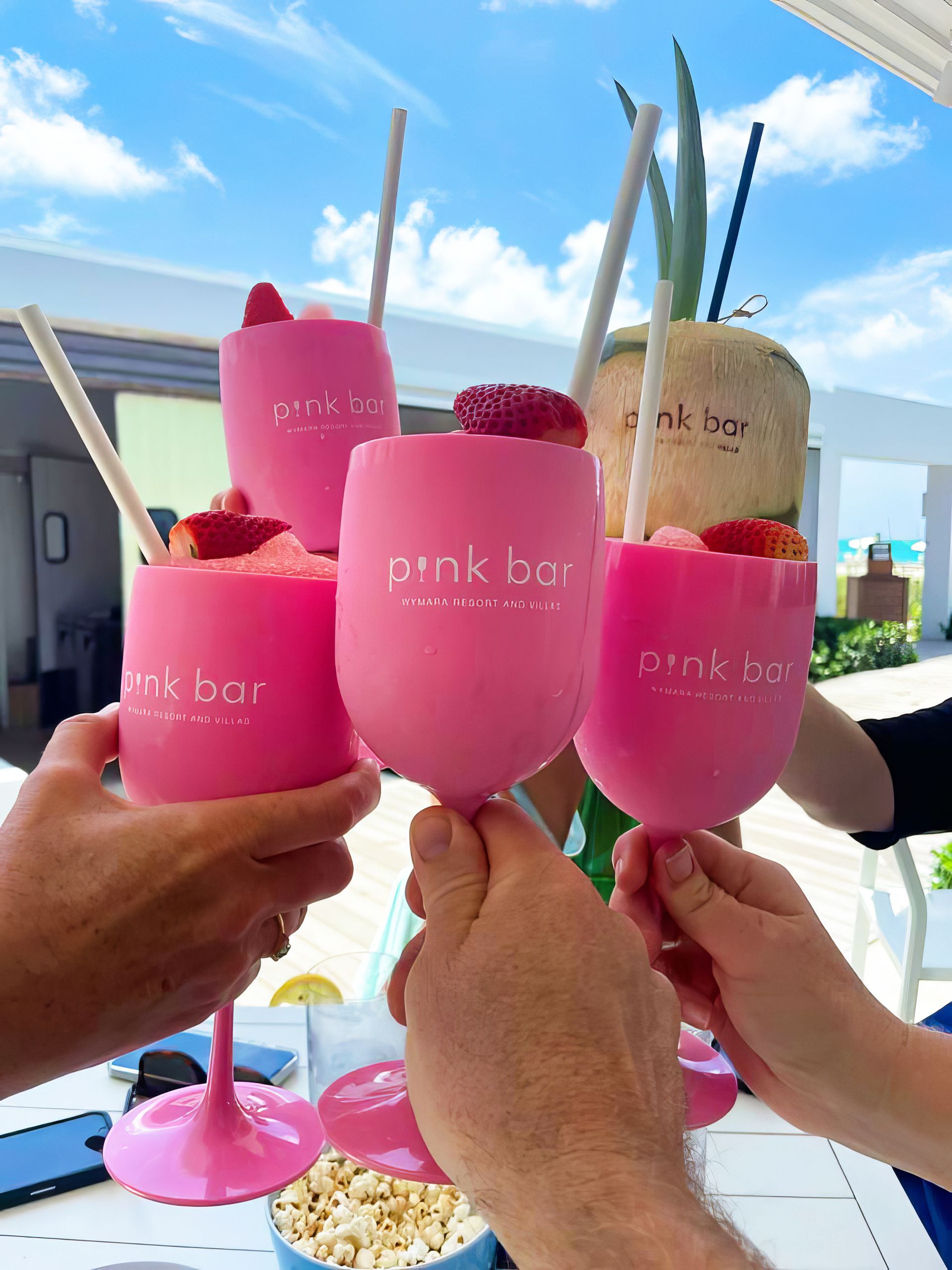 A group of people toasting with pink wine glasses