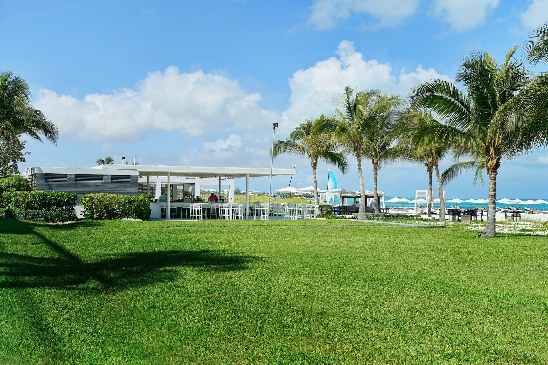 A lush green field with palm trees and a restaurant in the background