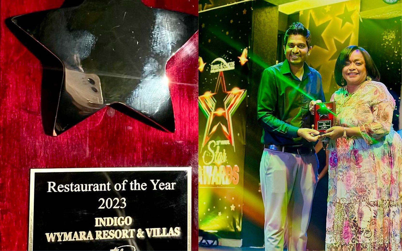 A restaurant of the year award is being presented to a man and woman