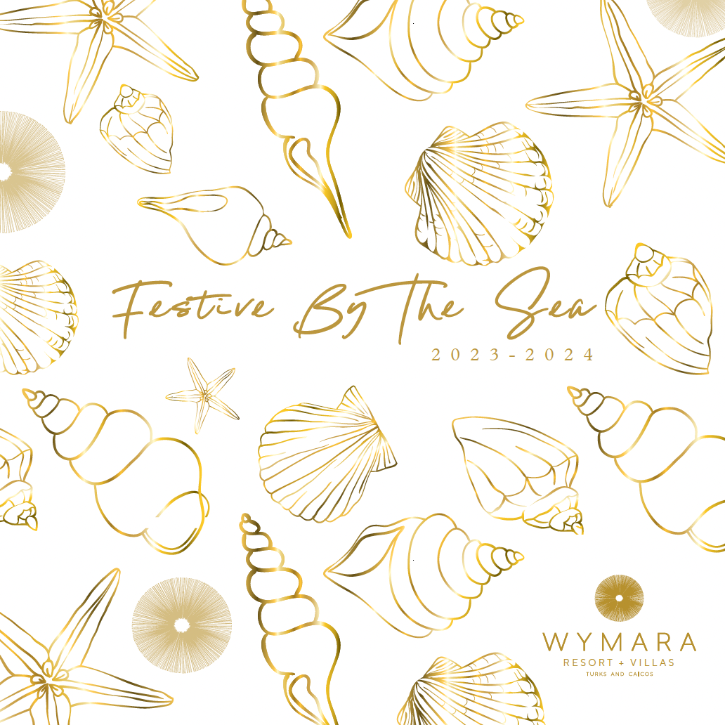 A white background with gold seashells and the words festive by the sea