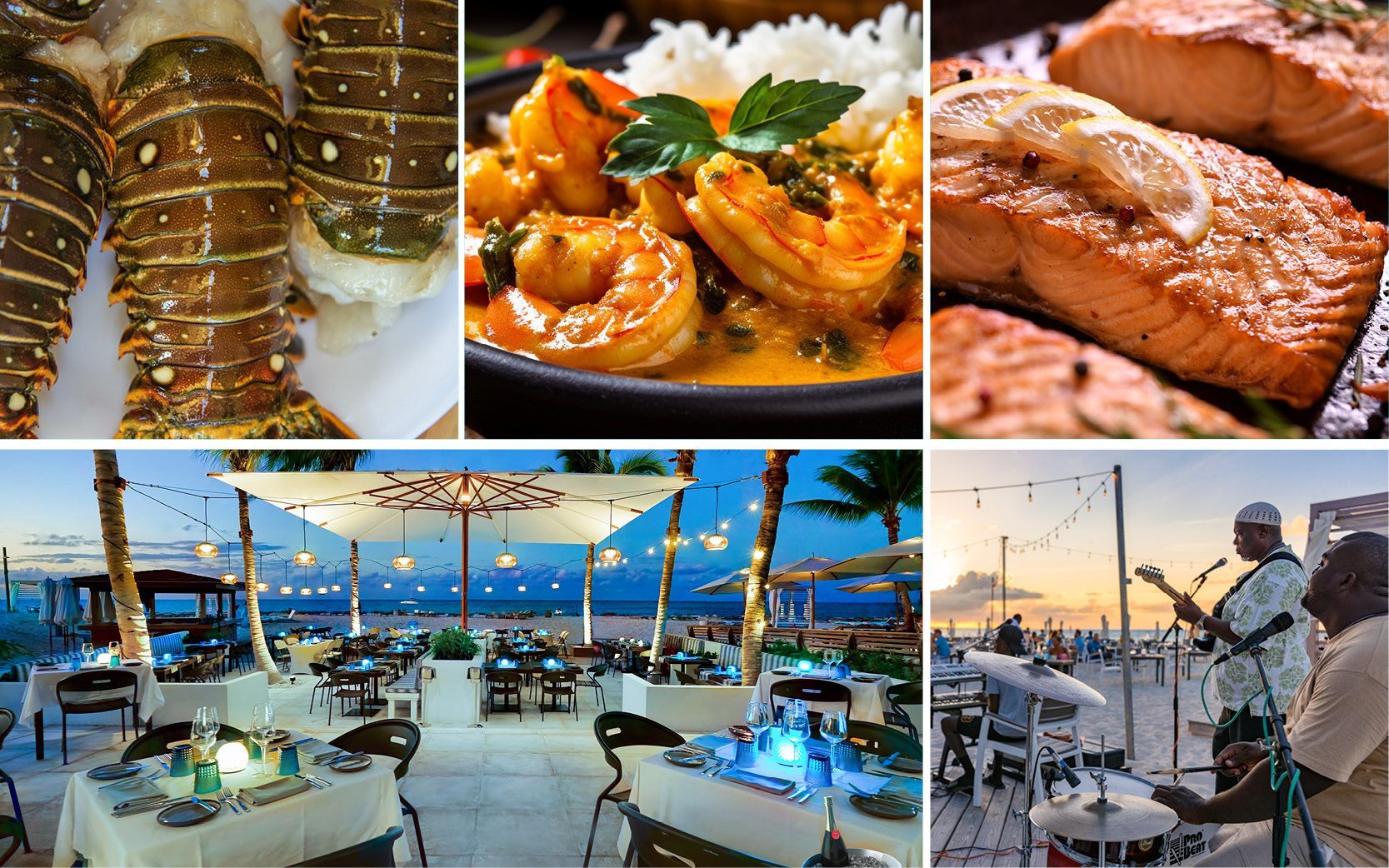 A collage of seafood including lobsters shrimp and salmon