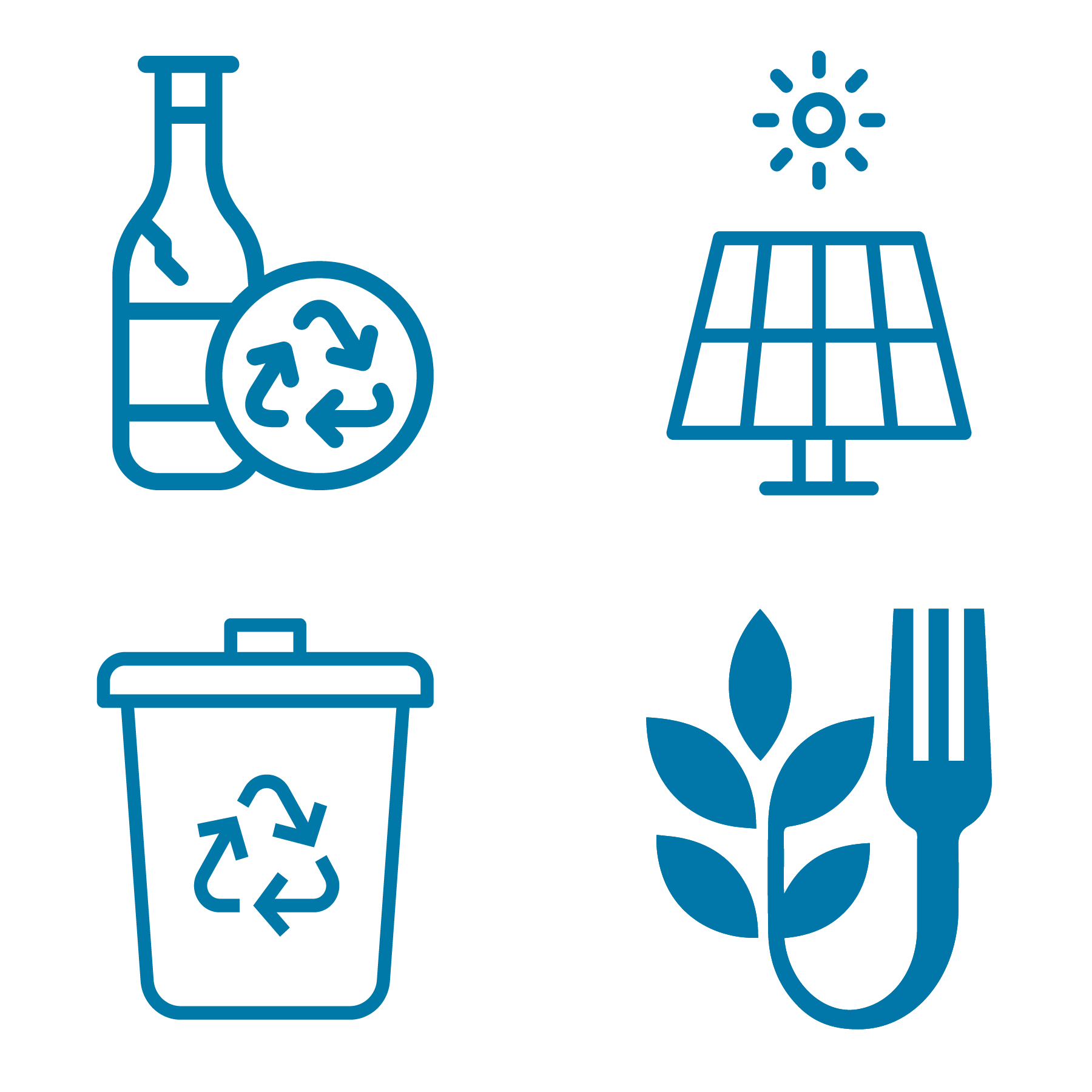A set of four blue icons including a bottle a trash can a solar panel and a fork