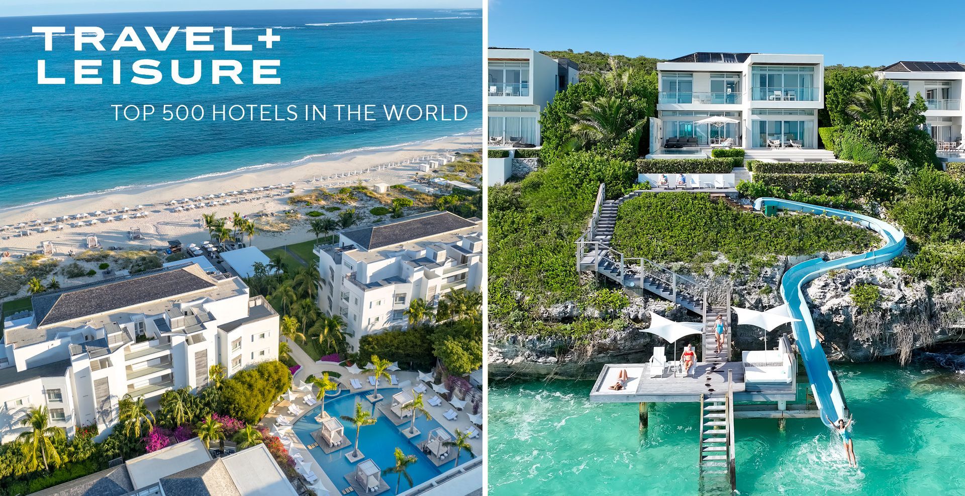 An advertisement for travel + leisure shows an aerial view of Wymara Resort + Villas