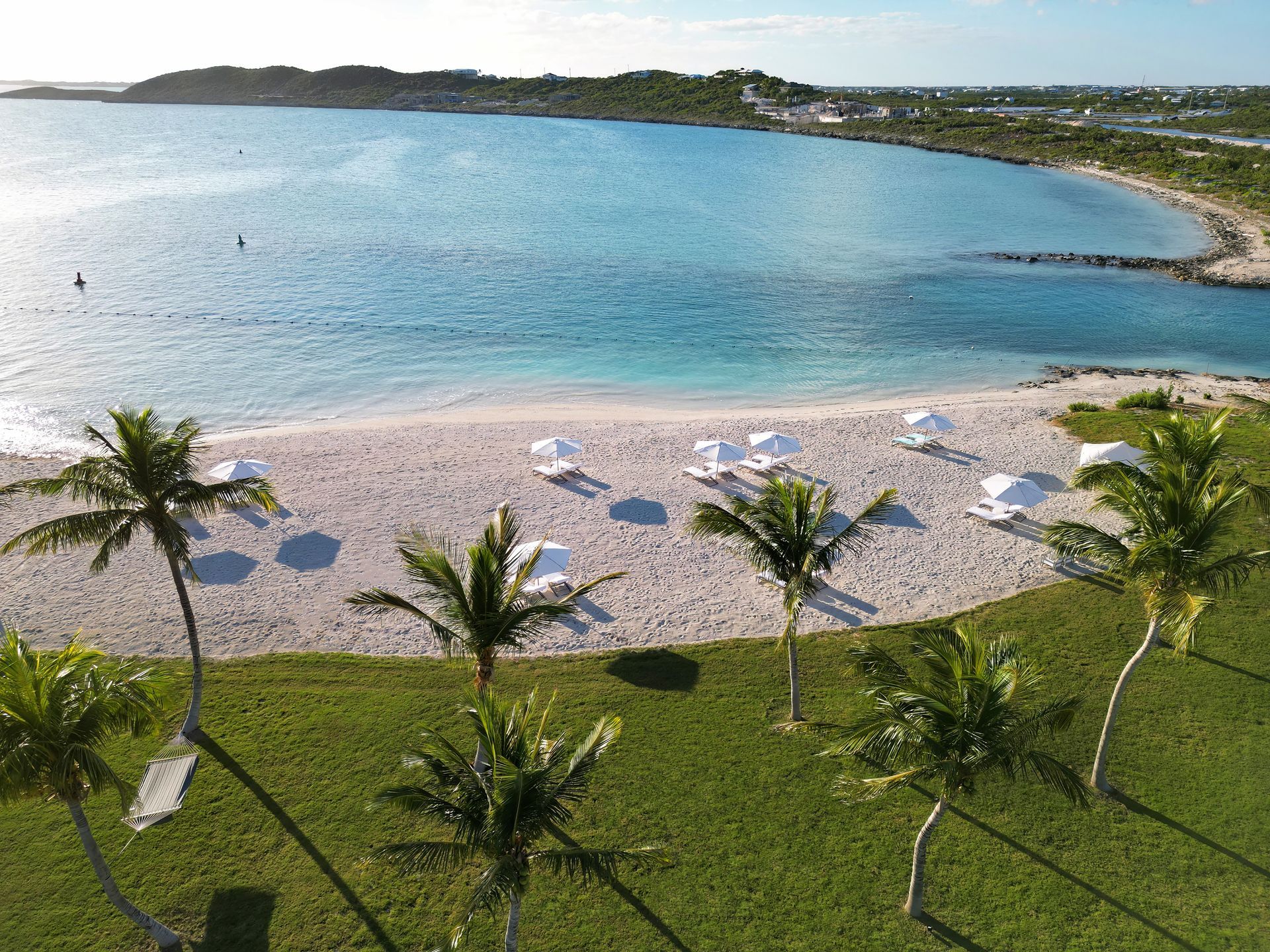 An aerial view of a beach with palm trees and umbrellas