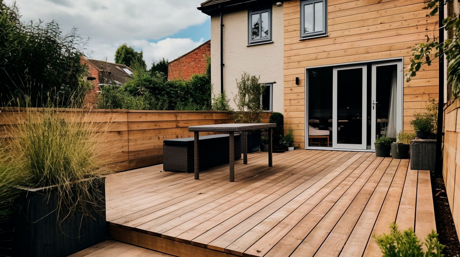 Wooden backyard deck with outdoor dining table beside a modern house and open glass doors