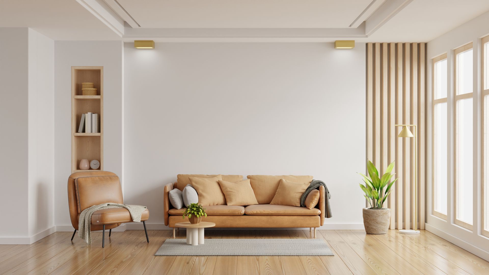Modern living room with tan sofa, wooden chair, coffee table, and large windows with vertical slats.