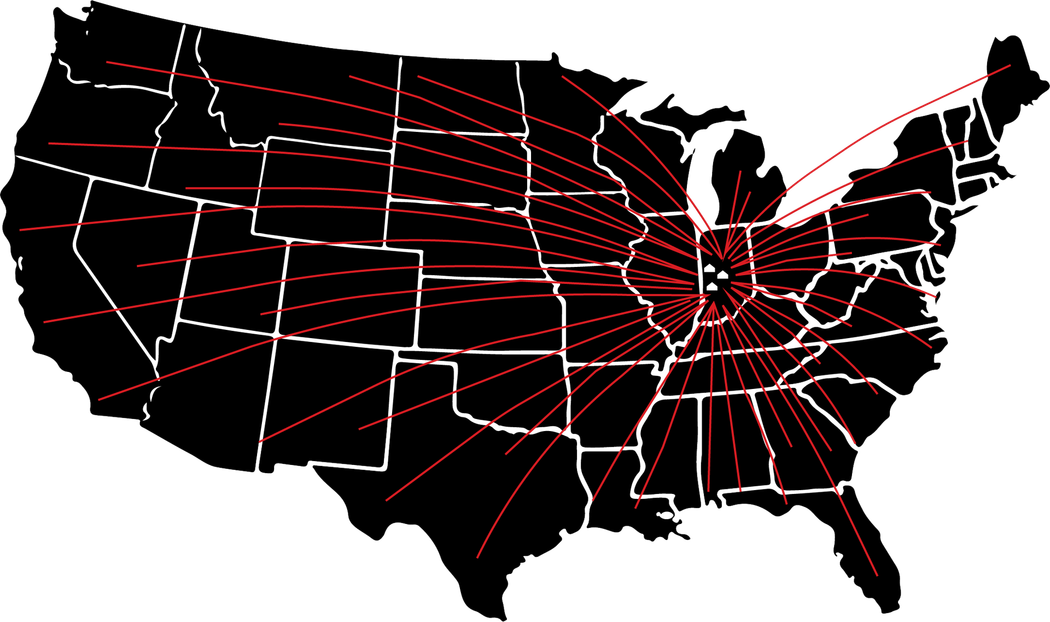 Black map of the United States with red lines radiating from a central point in Indiana to various locations.