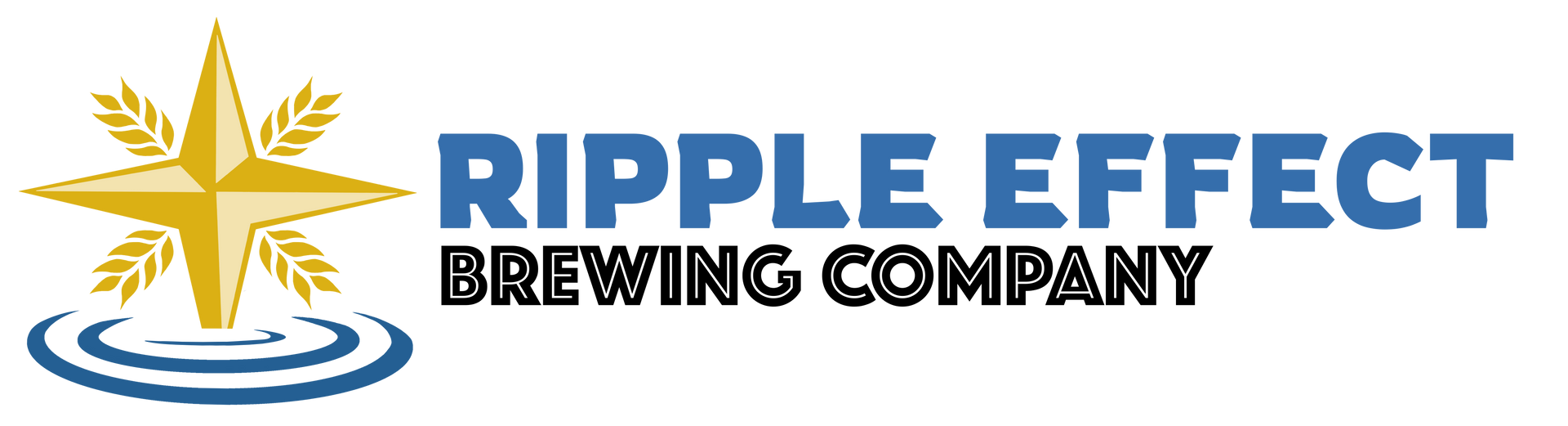 Logo for Ripple Effect Brewing Company: A gold star and wheat above blue ripples, with blue text.