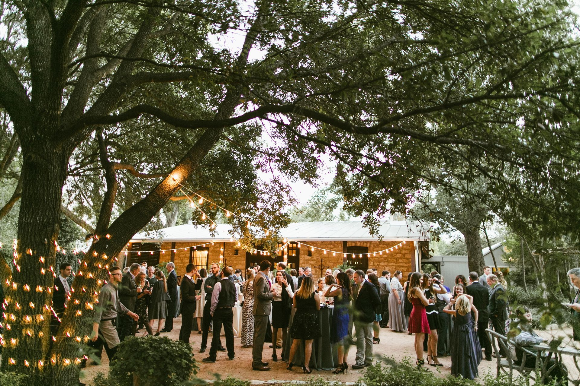 A group of people are standing under a tree at a wedding reception.