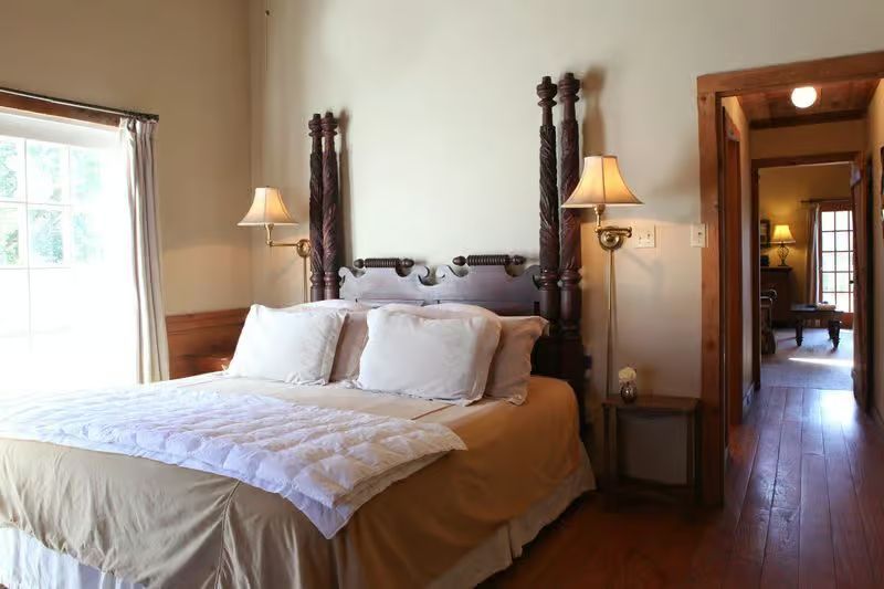 A bedroom with a king size bed and two lamps