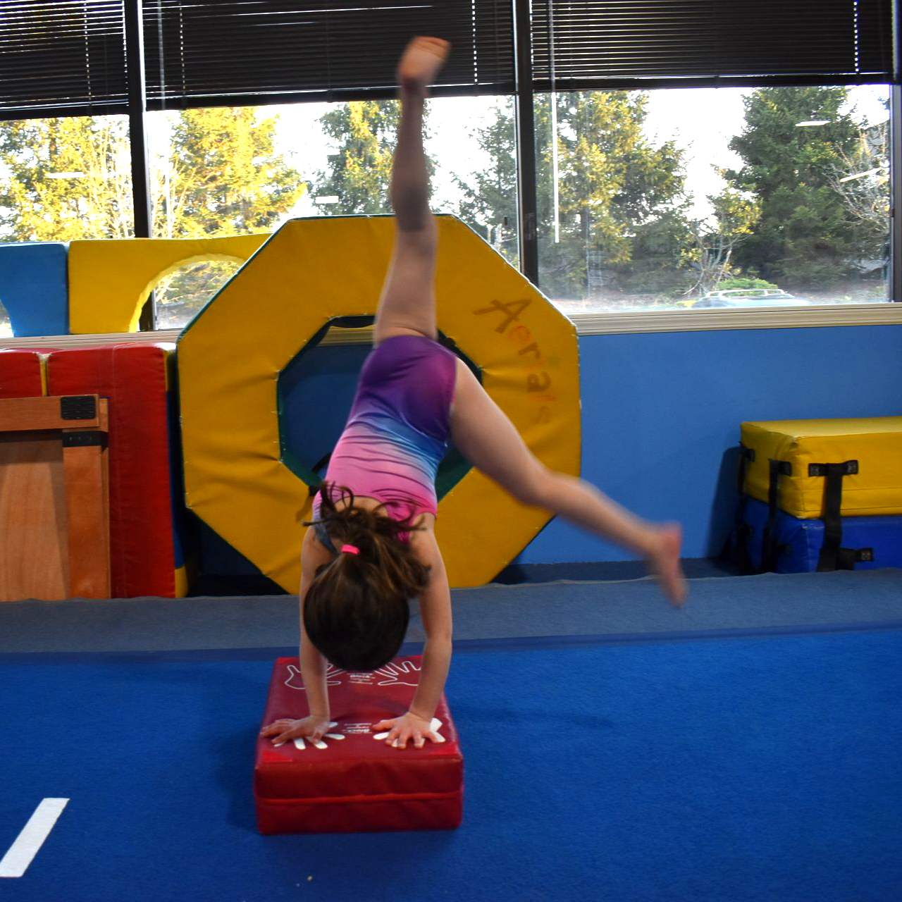Young gymnast practicing a cartwheel during a Little Shots class at Aerials Gymnastics in Eatontown, NJ