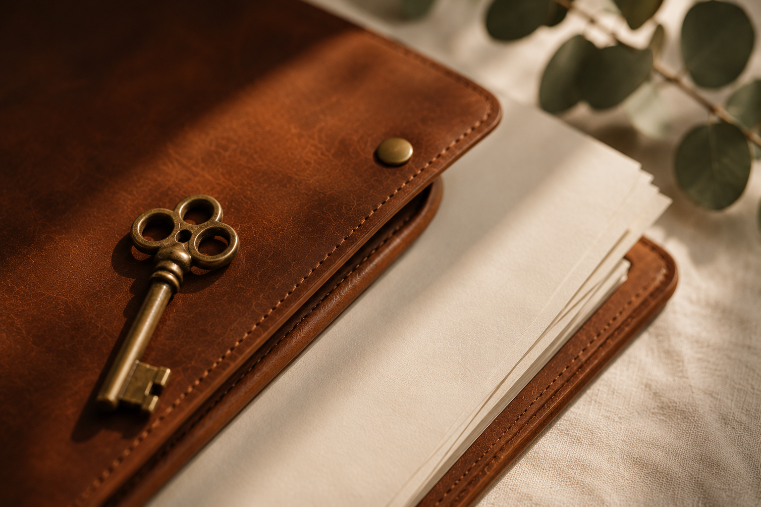 Leather portfolio and key representing an organized real estate transaction